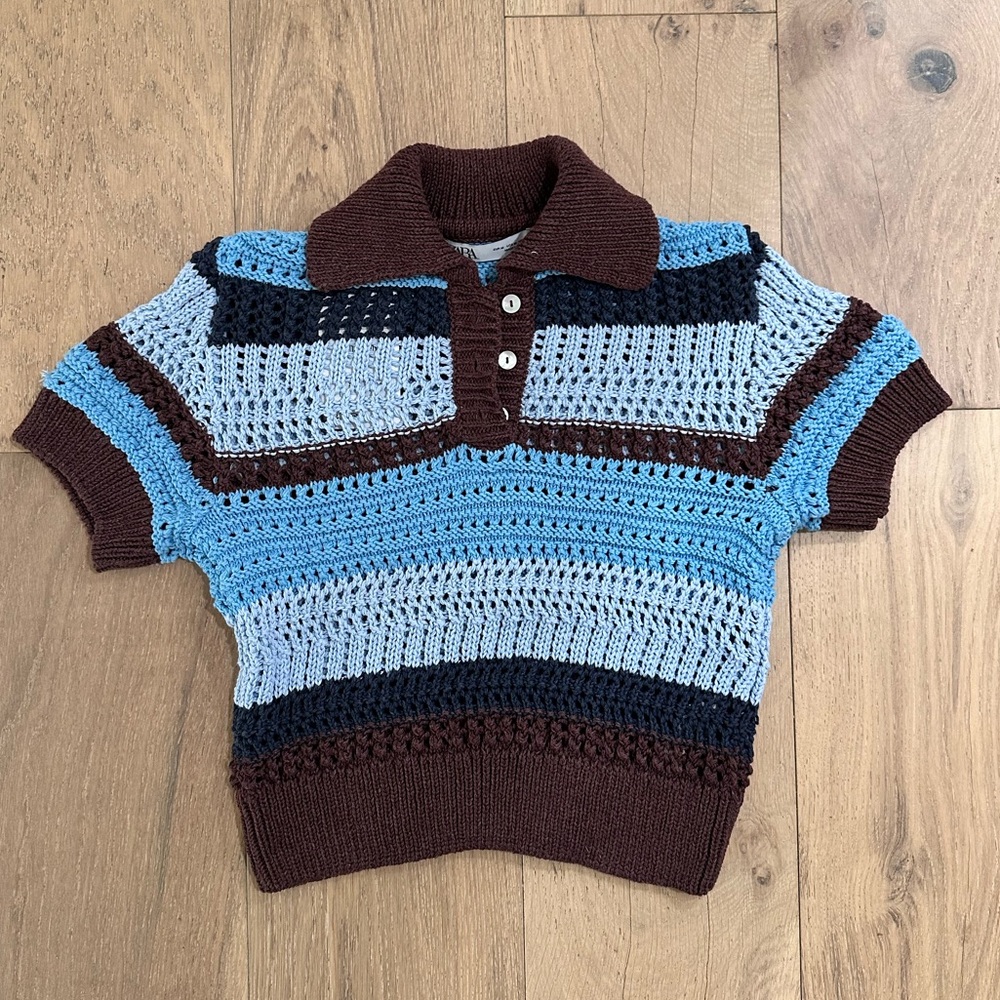 NWT Zara Woman’s Striped Crochet Polo Shirt - Blue and Brown Stripe. Size M.